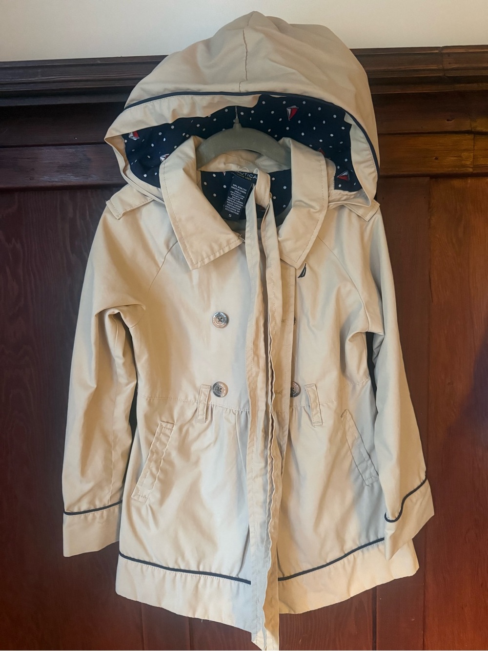 Nautica Beige Hooded Double-Breasted Kids Raincoat with Navy Lining